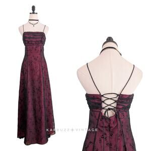 Vintage Morgan Prom Dress Maxi Gown 10 Pink Black Sheer Overlay Floral Goth Y2K